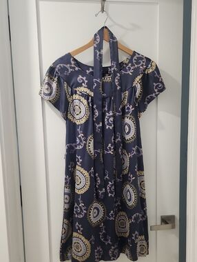 Banana Republic Navy Blue, Gold & Lavender Paisley Silk Dress